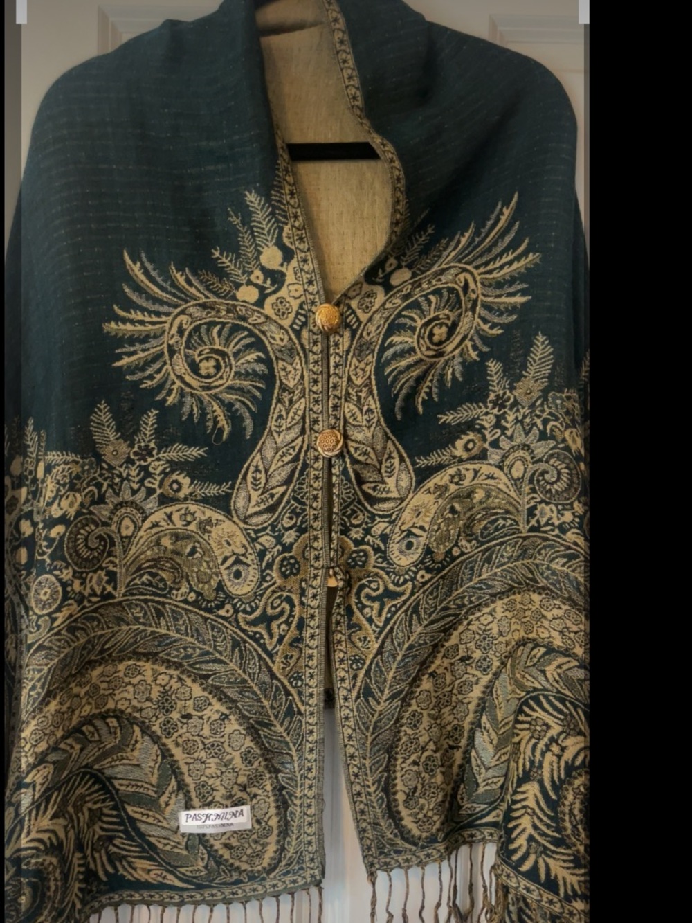 100% Pashmina Jaquard Wrap Teal and Gold Woven Paisley Shawl - Picture 2 of 5